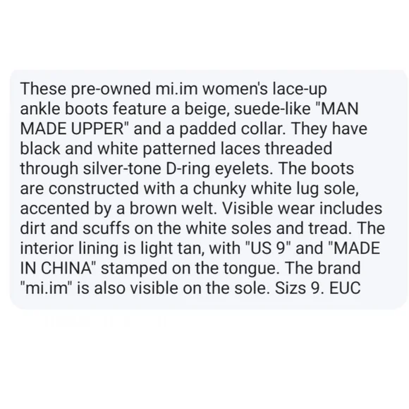 mi.im Beige Lace Up Boots with Black Laces US 9 MILITARY Winter Lug Heel EUC - Picture 10 of 11